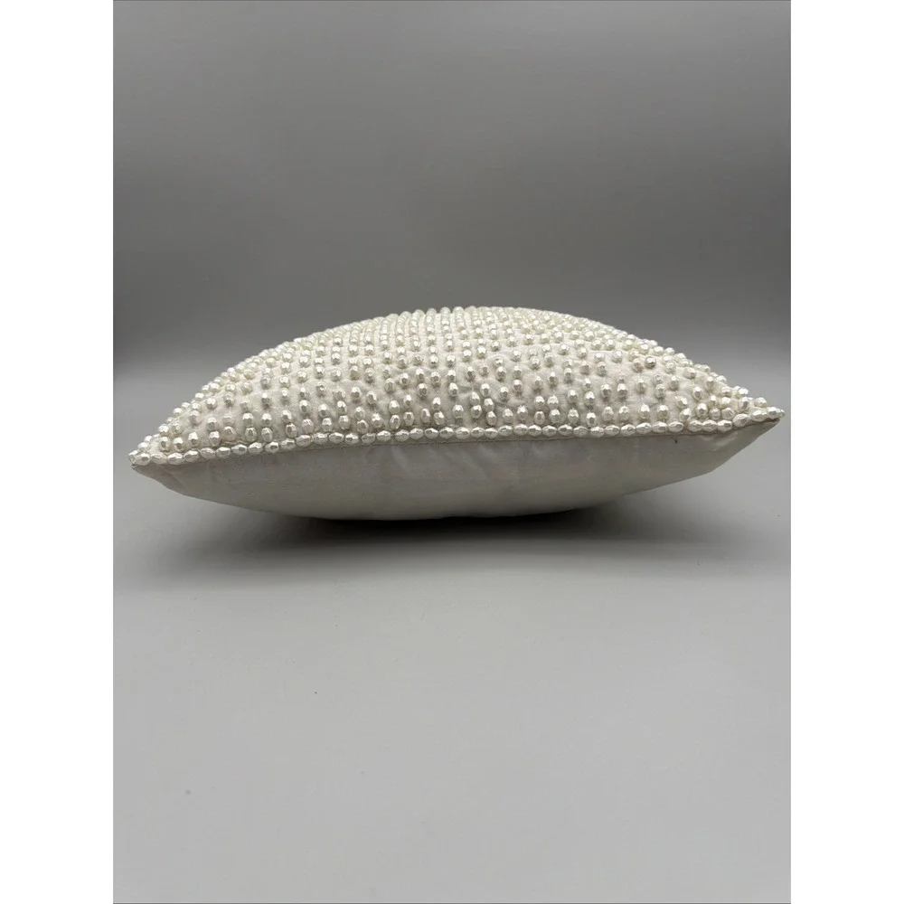 Ivory Pearl Beaded Accent Pillows 2 Fringe 11x11 Glam Hollywood Regency Decor *